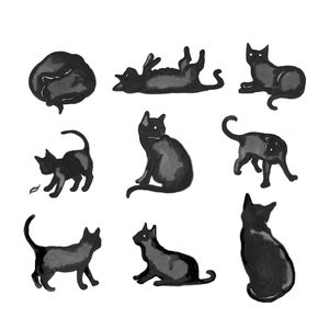 Könnte beinhalten: Neun schwarze Katzen in verschiedenen Posen, darunter zusammengerollt, auf dem Rücken liegend, sitzend und gehend. Die Katzen sind alle in einem einfachen Schwarzweiß-Stil gezeichnet.