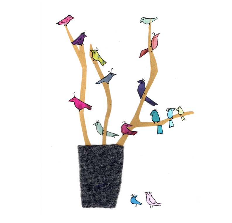 May include: A brown paper tree with branches holding colorful paper birds. The tree is in a gray pot. There are two more birds on the ground below the tree.