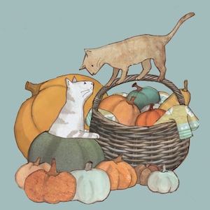 May include: A wicker basket overflowing with a variety of pumpkins and gourds, surrounded by smaller pumpkins. Two cats, one orange and one white, are looking at the pumpkins.