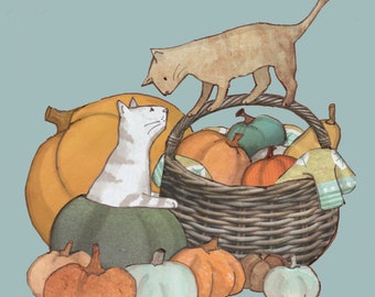 PUMPKIN CATS. A card celebrating Autumn with a lovely heap of pumpkins and two friendly cats .Printed card from an original collage artwork