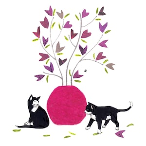 VASO ROSA e gatos pretos. Dois gatos com um vaso de flores em forma de coração.Cartão impresso de colagem original.