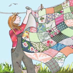 PATCHWORK.Une journée ensoleillée et une courtepointe en patchwork fraîchement lavée. Carte imprimée à partir d'une oeuvre d'art collage utilisant du papier recyclé et un stylo et de l'encre