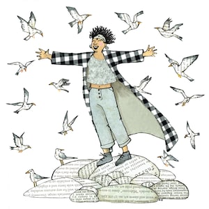 NIÑA GAVIOTA. Una sensación de libertad... ¡llena tus pulmones y respira ese aire marino! Tarjeta impresa a partir de un collage original.
