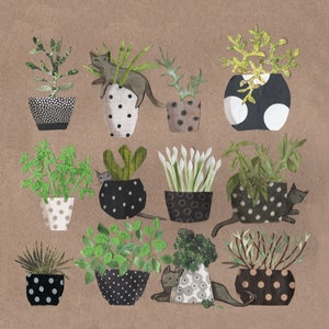 May include: A digital illustration featuring a collection of potted plants with cats in various poses. The plants are in black and white polka dot pots, with some plants in solid black pots. The cats are grey and white, and some are sitting, while others are standing or jumping.