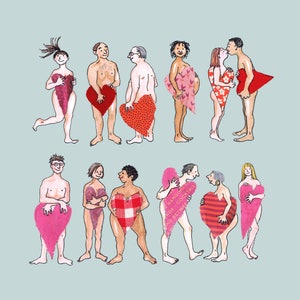 Tous ceux qui avaient du COEUR... Une célébration colorée de l'amour et de l'amitié. 12 personnes tenant un grand coeur. Carte imprimée à partir d'un collage original