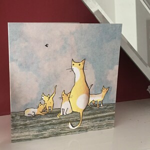 The Fly. A lazy afternoon where a yellow cat and her kittens watch a fly . Printed card from collage original. image 5