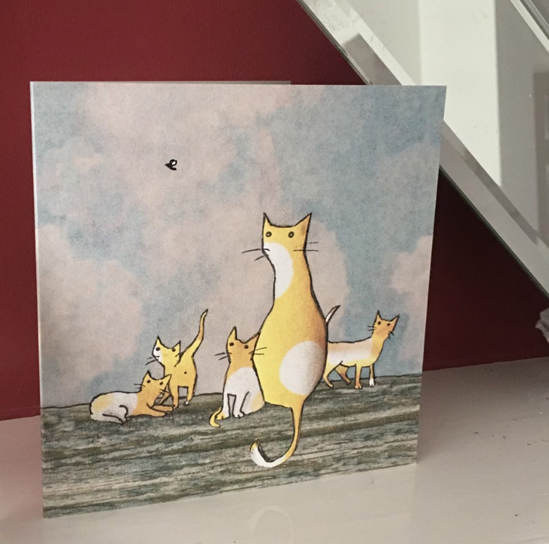 The Fly. A lazy afternoon where a yellow cat and her kittens watch a fly . Printed card from collage original. image 5