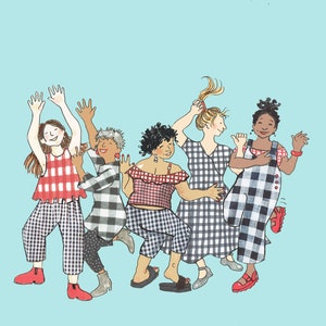 GINGHAM GIRLS STOMP. A fun card with 5 friends having a dance together ..Printed card from collage original ..