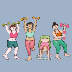 CURVY GIRLS haben Spaß , ziehen ihr Ding durch und halten sich fit. Eine fröhliche bunte gedruckte Karte aus einer Collage original .Go Girls!