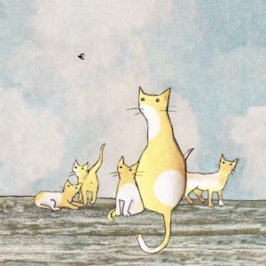 The Fly. A lazy afternoon where a yellow cat and her kittens watch a fly . Printed card from collage original. image 1