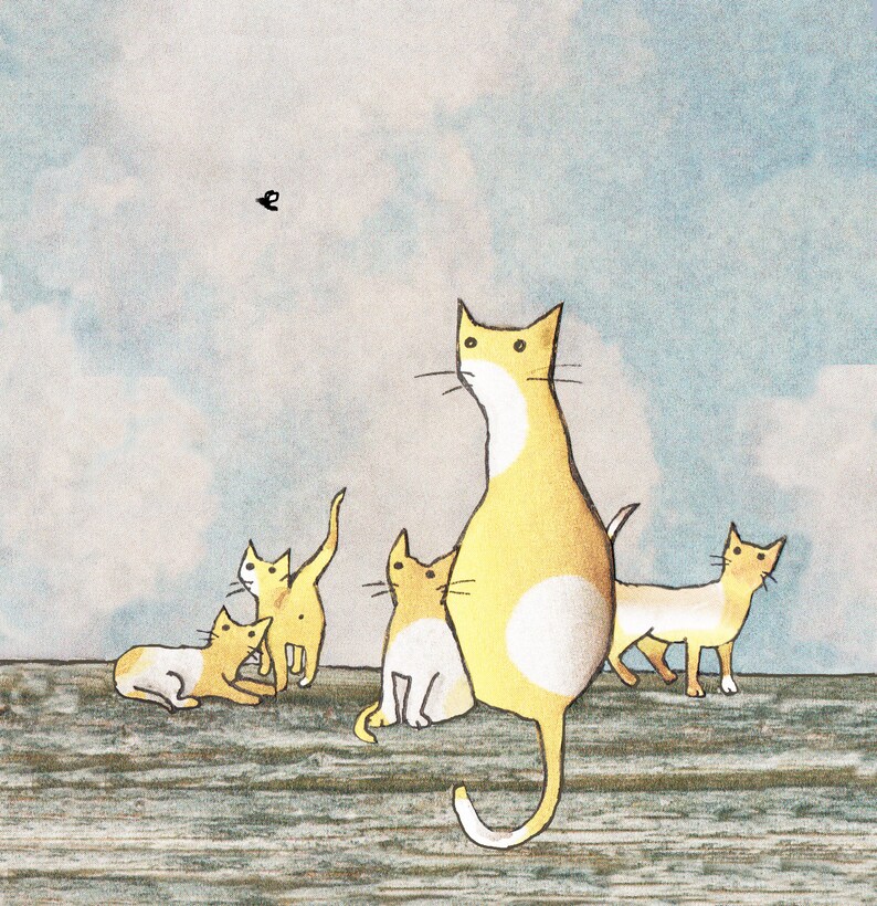 The Fly. A lazy afternoon where a yellow cat and her kittens watch a fly . Printed card from collage original. image 1