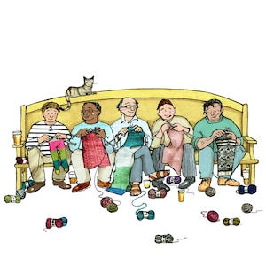BREIEN: Voorzichtig-humoristische kaart met een groep heren die gezellig samen aan het breien zijn. Gedrukte kaart naar een origineel collage.