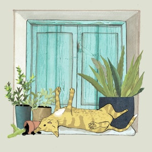 BLUE SHUTTER CAT, un joli chat endormi qui s'étire sur le rebord d'une fenêtre. Une carte imprimée amusante pour les fans de chats, à partir d'un collage original