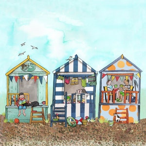 CABINES DE PLAGE 3 huttes de plage colorées occupées avec l'activité. Une carte imprimée à partir d'oeuvres d'art originales de collage