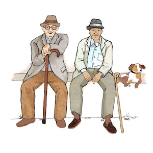 2 AMIGOS. Dos señores mayores sentados con un perro, pasando el tiempo viendo pasar el mundo. Tarjeta impresa a partir del original del collage.