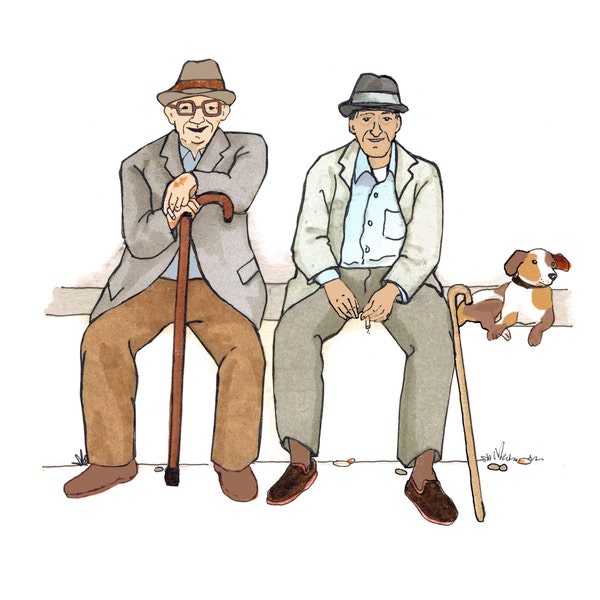 2 AMIGOS. Two older gents sitting with a dog , passing the time watching the world go by. Printed card from collage original.