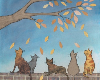 May include: Five cats of different colors and patterns sit on a brick wall, looking up at falling autumn leaves. The cats are a brown tabby, a gray tabby, a calico, a gray cat, and an orange tabby.