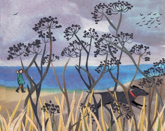 SEA EDGE, mooie stemmige luchten en een herfstwandeling aan zee. Gedrukte kaart van een origineel collage