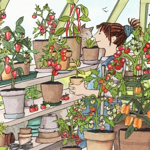 El paraíso del INVERNADERO. Momentos felices en el invernadero con varias plantas de vegetales de verano (y un gato, por supuesto). Tarjeta impresa a partir de un collage original.