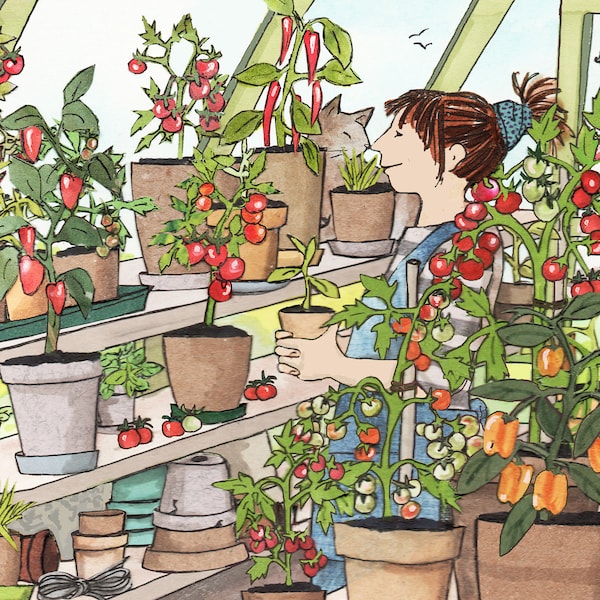 GREENHOUSE Heaven .Happy times in the greenhouse with various summertime veg plants (and a cat ofcourse )Printed card from collage original