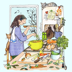 Wintersuppe : An einem kalten Tag einen großen Topf hausgemachte Suppe zubereiten, nichts Schöneres! Gedruckte Karte aus Collage-Original..