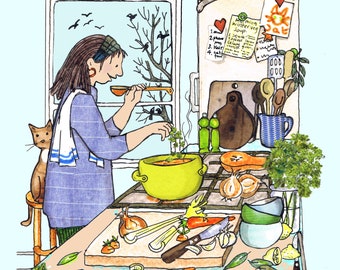 Zuppa invernale: preparare una grande pentola di zuppa fatta in casa in una giornata fredda, non c'è niente di meglio! Cartolina stampata da un collage originale.