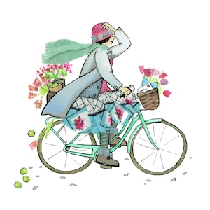BETSY EN BICICLETA, tarjeta colorida y divertida que muestra a una mujer que avanza a toda velocidad disfrutando de un paseo en bicicleta sin preocupaciones, con su canasta llena de flores.