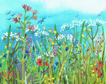 ÄNG och ÄNGSKATT. Två kort att välja mellan, båda fyllda med vilda blommor mot en blå, blå himmel. Tryckt kort från collageoriginal.