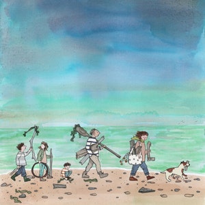 BEACH PEIGNER , une promenade en famille sur la plage pour ramasser du bois flotté sous un ciel maussade . Une carte imprimée à partir d'oeuvres d'art originales de collage