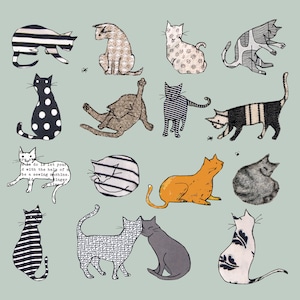 Könnte beinhalten: Eine digitale Collage aus 14 Katzen in verschiedenen Posen und Mustern. Die Katzen sind aus Stoff gefertigt und auf einem hellblauen Hintergrund angeordnet. Der Text "te do I let your d with the help of n ben sewing mahine. inger" ist in Schwarz auf weißem Hintergrund gedruckt.