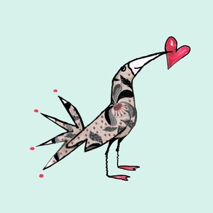 Me robaste el CORAZÓN... pequeño pájaro gris estampado que sostiene un corazón rosa. Tarjeta impresa a partir de un collage original.