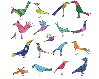 Bonkers birds. 19 zappy brightly coloured BIRDS . A fun printed card from  a collage original .