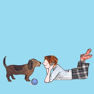 JIJ EN IK. heel eenvoudige kaart ... gewoon een jongen en een hond, neus aan neus. Gedrukte kaart van origineel collage