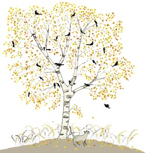 SILVER BIRCHES Een mooie, zacht gedrukte kaart van de originele collage van een kleine grijze kat onder een herfstboom. Geweldige kaart voor elke gelegenheid.