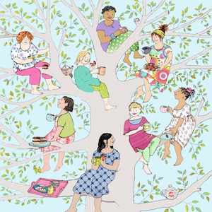 TREE LADIES: una divertida y colorida tarjeta que muestra a un grupo de amigas que aman tomar una taza de café y reírse. Tarjeta impresa a partir de un collage original.