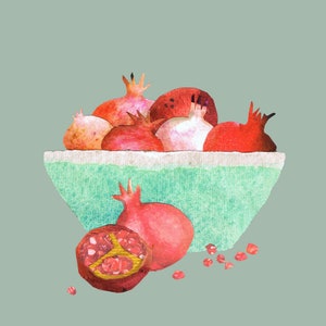 POMEGRANATES Eine herrlich einfache Karte, die eine türkisfarbene Schale mit Granatäpfeln zeigt. Gedruckte Karte von Collagen Original