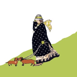 DACHSUND LADY..une dame et ses deux chiens se promènent dans les vents sur une colline. Belle carte imprimée douce à partir d'un collage original