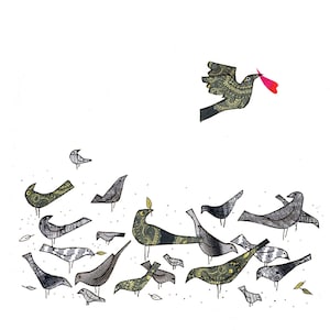 OISEAUX GRIS au coeur rose. Simple volée d'oiseaux monochromes avec un seul coeur rose vif. Une carte imprimée à partir d'un collage original.