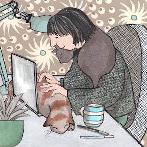 TRAVAIL À DOMICILE. Les chats peuvent être si utiles qu'ils ne peuvent pas, surtout lorsque vous devez vous consacrer à quelque chose. Imprimé à partir d'un collage original.