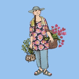GARDEN GIRL, een aangenaam eenvoudige kaart van een jonge vrouw met manden met roze bloemen en eieren. gedrukte kaart van het originele collage
