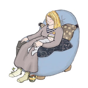 SNOOZE, moeder en baby samen heerlijk in slaap in een comfortabele stoel. De perfecte kaart om een nieuwe baby te verwelkomen. roze of blauwe versies