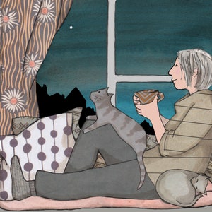 STAR GAZING.. un momento di calma, seduti con una tazza di tè e due gatti per compagnia. Una dolce cartolina per gli amanti dei gatti, stampata da un collage originale