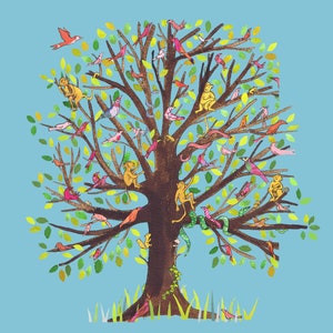 Albero della vita brulicante di vita, pieno di uccelli e animali colorati. Guarda quanti ne riesci a individuare! . cartolina stampata dal collage originale