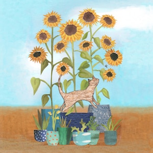 TOURNESOLS. Très jolie carte qui existe en deux versions... avec ou sans petit chat brun !  . Carte imprimée à partir d'une oeuvre d'art originale de collage.