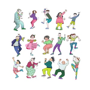 WEY HEY in kleur. Het is feest! Mensen dansen en doen hun kleurrijke ding. Gedrukte kaart van origineel collage