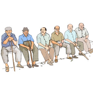 THE GANG Inspiriert vom Leben in einem südspanischen Dorf sitzt eine Reihe älterer Herren begleiterhaft zusammen und beobachtet die Welt.