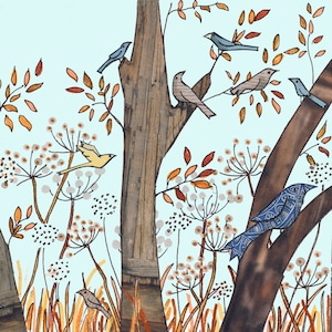ZAADVOGELS .Vogels strijken neer op boomtakken en zaadkoppen, een vleugje herfst in de lucht. Gedrukte kaart gemaakt van een origineel collagekunstwerk