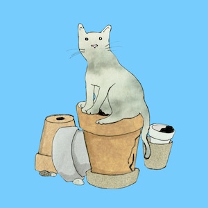 FLOWERPOT CAT   .Grey cat day dreaming in a flowerpot .A fun printed card for cat fans ,from original collage original