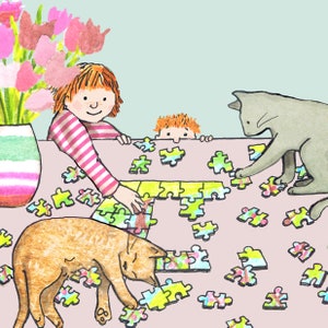 Les chats du puzzle. Des chats ..toujours là pour vous aider ! 2 options uniquement avec des chats ou avec des enfants également.  , une carte imprimée à partir d'un collage original