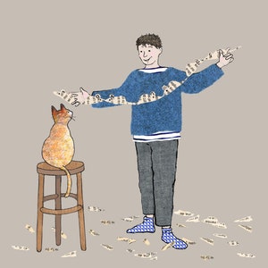 Recevoir le chat, un homme qui fait tout pour que son chat soit heureux. Carte imprimée à partir d'un collage original.